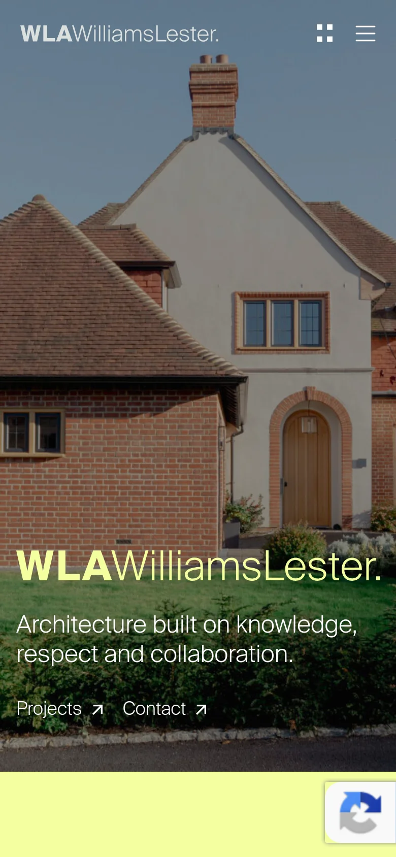 The mobile version displays a vertically oriented hero image of the same residential architecture, with the 'WLA WilliamsLester.' branding and tagline centered. The top navigation is condensed into a hamburger menu and a grid icon, while the 'Projects' and 'Contact' links are moved lower on the screen above a lime green footer.