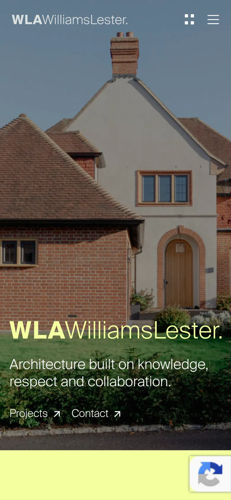 The mobile version displays a vertically oriented hero image of the same residential architecture, with the 'WLA WilliamsLester.' branding and tagline centered. The top navigation is condensed into a hamburger menu and a grid icon, while the 'Projects' and 'Contact' links are moved lower on the screen above a lime green footer.