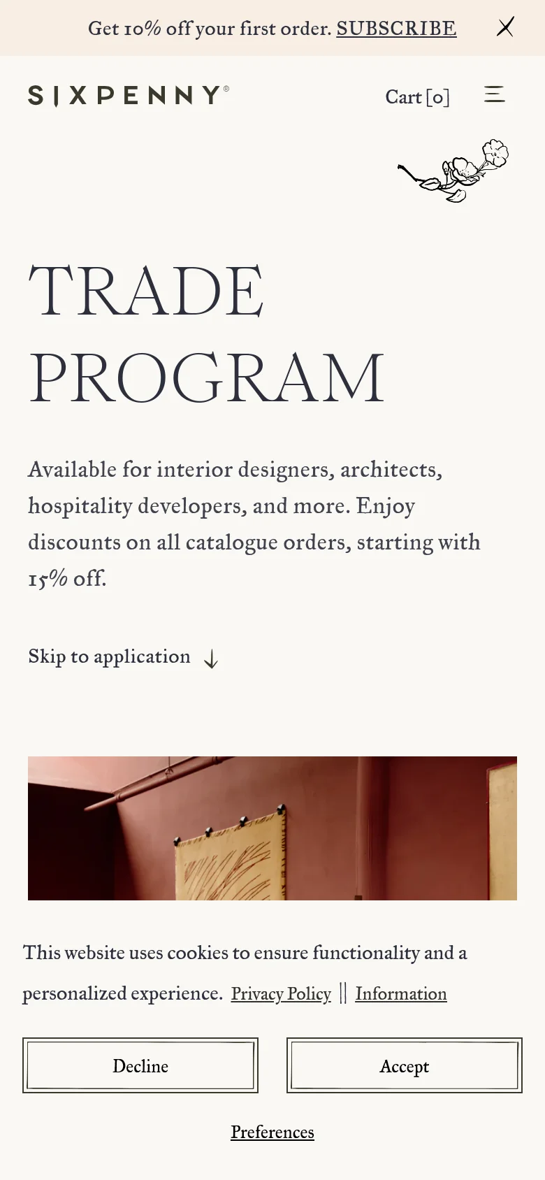 The mobile version transitions to a single-column vertical layout, stacking the hero text above the lifestyle imagery. The navigation is condensed into a hamburger menu, and the large serif headlines are centered to fit the narrower screen width. The overall minimalist design and warm, earthy color tones are maintained throughout the scrolling experience.