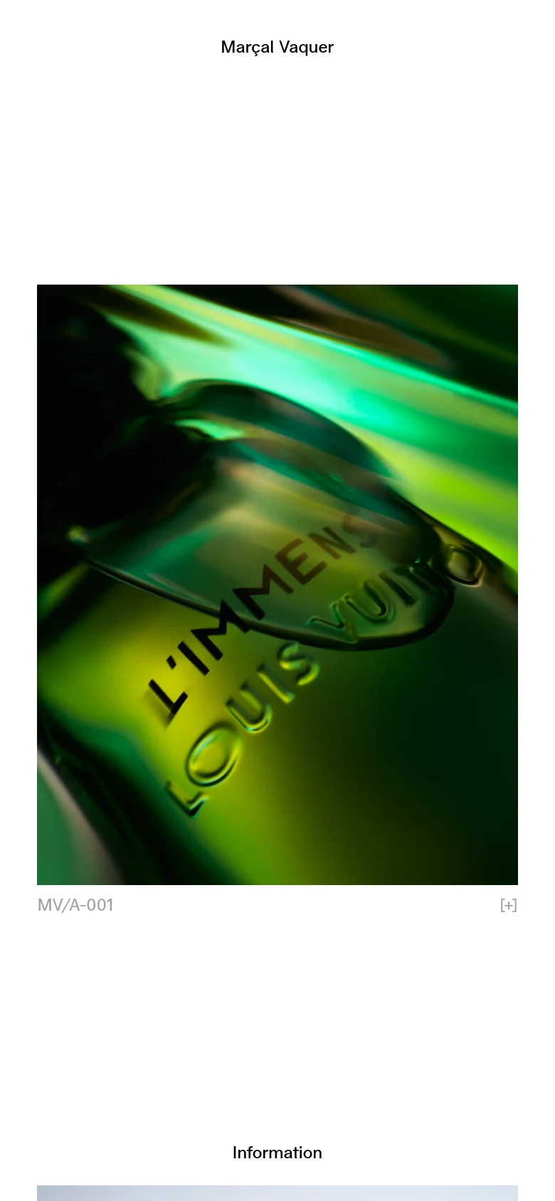 The mobile version presents a simplified, single-column vertical scroll of the photographer's portfolio. Large, full-width still life images dominate the screen, with project titles and codes appearing directly below each image. The layout is streamlined for vertical viewing, focusing on the visual impact of the photography.