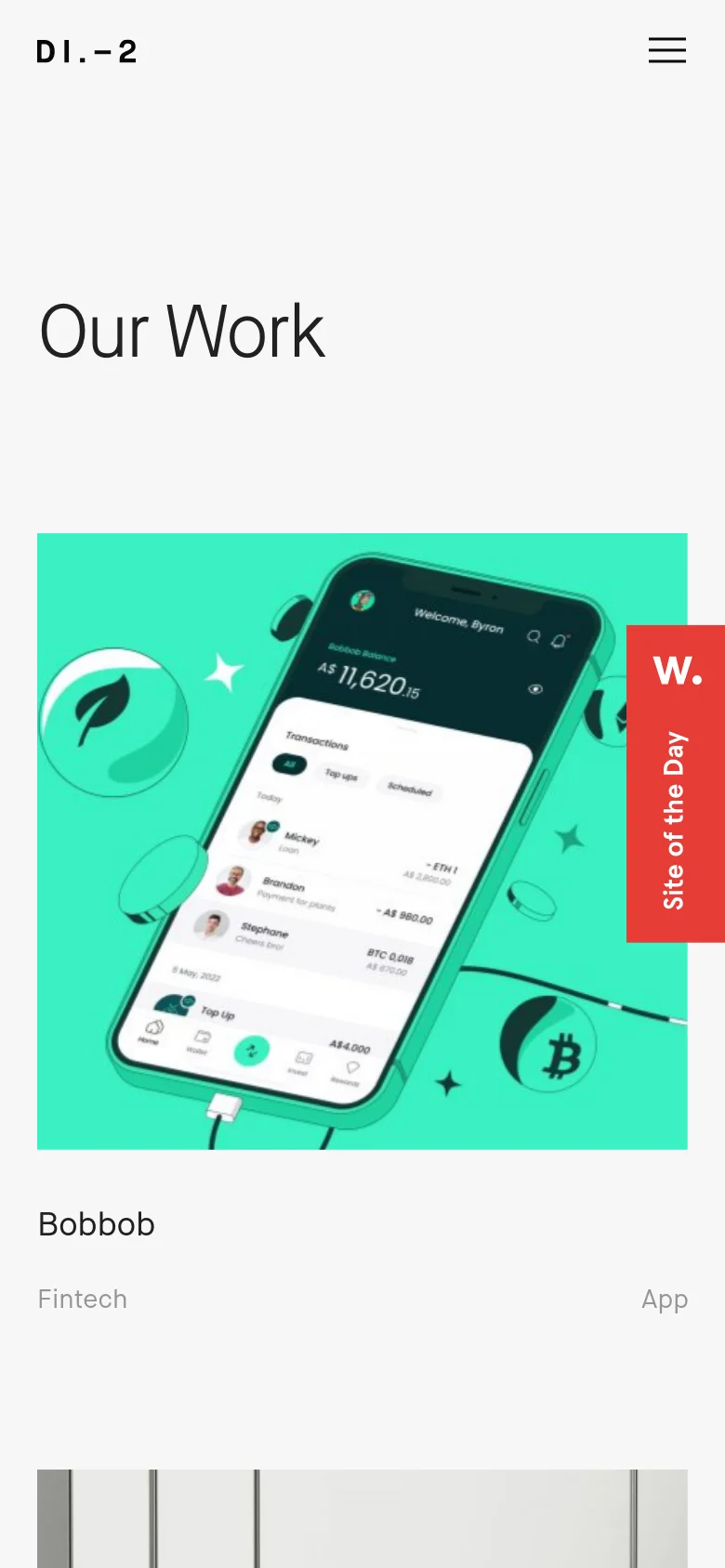 The mobile version maintains the minimalist white aesthetic but transitions to a single-column vertical scroll. The 'Our Work' headline is prominent at the top, followed by large, full-width project images stacked vertically, each accompanied by its title and category below. The navigation is condensed into a hamburger menu icon in the top right.