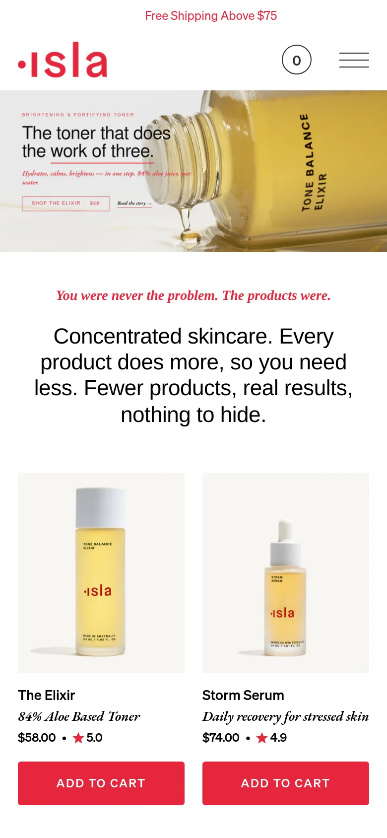 The mobile version presents a vertically stacked layout, beginning with a promotional banner for free shipping. The hero image is scaled down to fit the narrow screen, followed by the main headline and product cards that span the width of the device. Navigation is condensed into a hamburger menu icon next to the brand logo and a shopping cart icon.