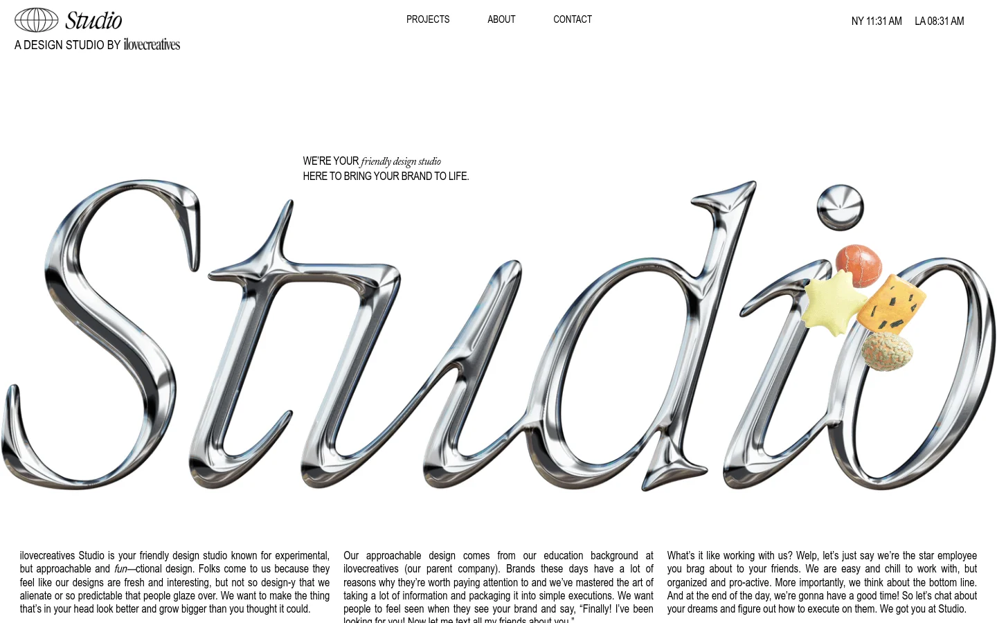 The desktop homepage features a clean white background with a large, chrome-textured 3D 'Studio' graphic as the hero element. The layout includes a minimalist navigation menu at the top, a bold headline stating 'WE'RE YOUR friendly design studio HERE TO BRING YOUR BRAND TO LIFE,' and three columns of descriptive text below the main graphic.