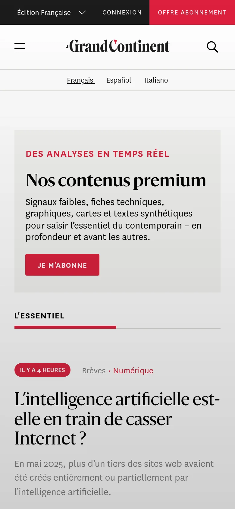 The mobile version presents a vertically stacked layout optimized for small screens, featuring a simplified header with a hamburger menu and search icon. The premium subscription call-to-action is prominent at the top, followed by the 'L'ESSENTIEL' news feed where headlines and text are scaled for readability. The color scheme remains consistent with white backgrounds and red accent buttons.