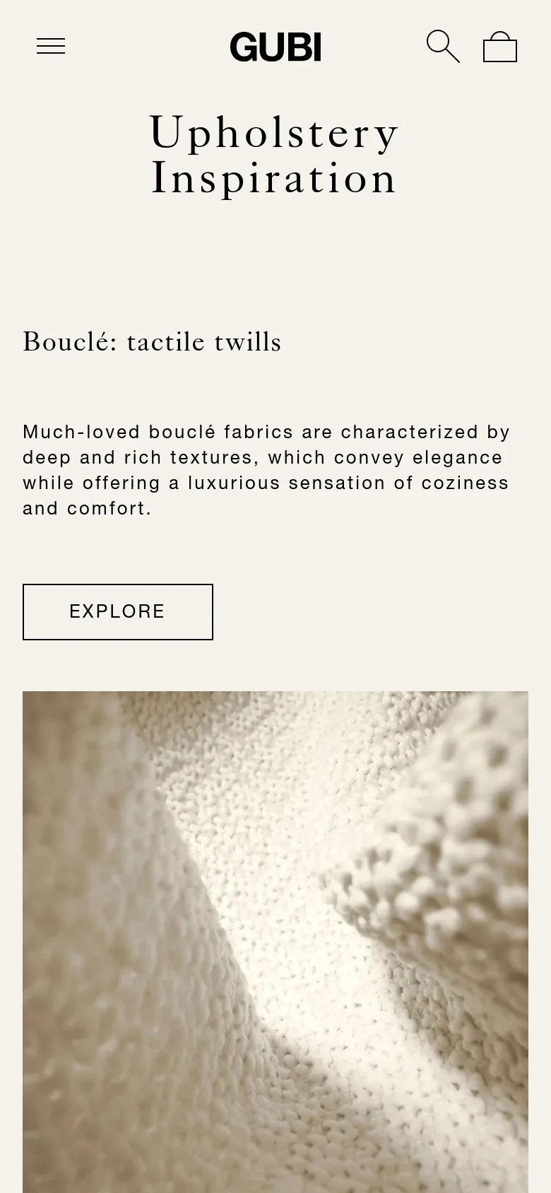 The mobile version uses a single-column vertical layout with the 'Upholstery Inspiration' headline and bouclé description centered at the top. The 'EXPLORE' button is positioned below the text, followed by the large textured fabric image below it. Navigation is condensed into a hamburger menu and search icon at the top.