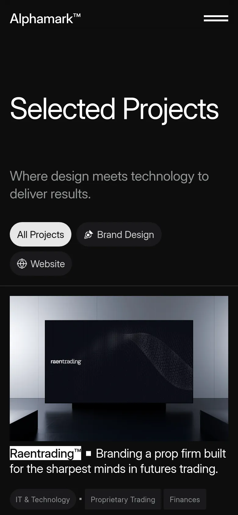 The mobile version maintains the dark theme but uses a single-column vertical layout. The 'Selected Projects' headline and subheadline are centered, and the filter buttons are stacked or arranged in a scrollable row. Project cards appear as large, full-width image blocks with text and category tags positioned underneath.