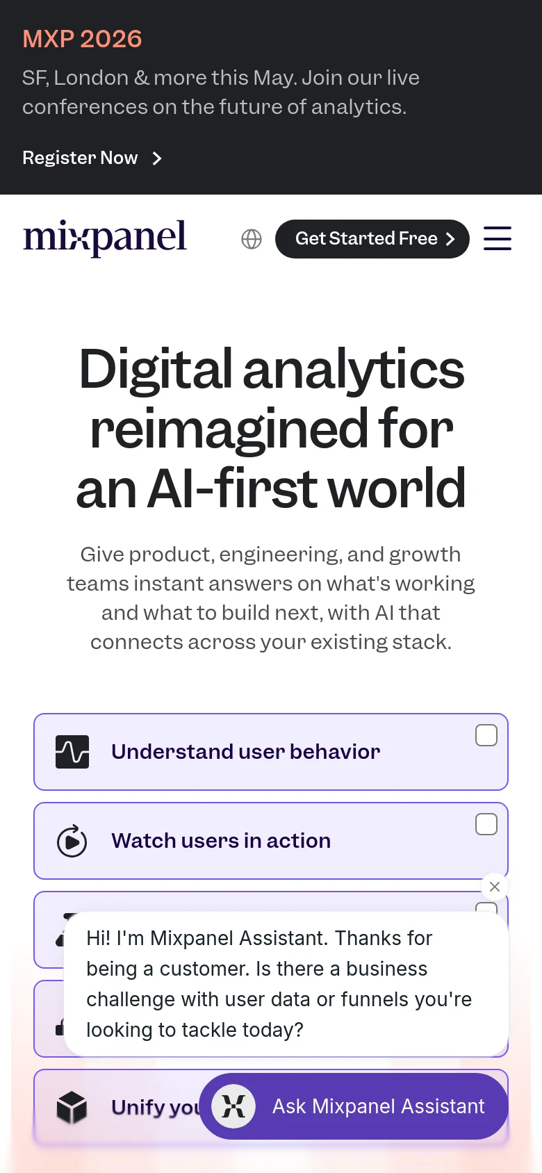 The mobile version presents a simplified, vertical layout with the main headline and subtext centered at the top. The navigation is condensed into a hamburger menu, and the 'Get Started Free' call to action is prominently displayed next to the logo. The feature cards and large interface graphic are stacked vertically to fit the narrow screen width.