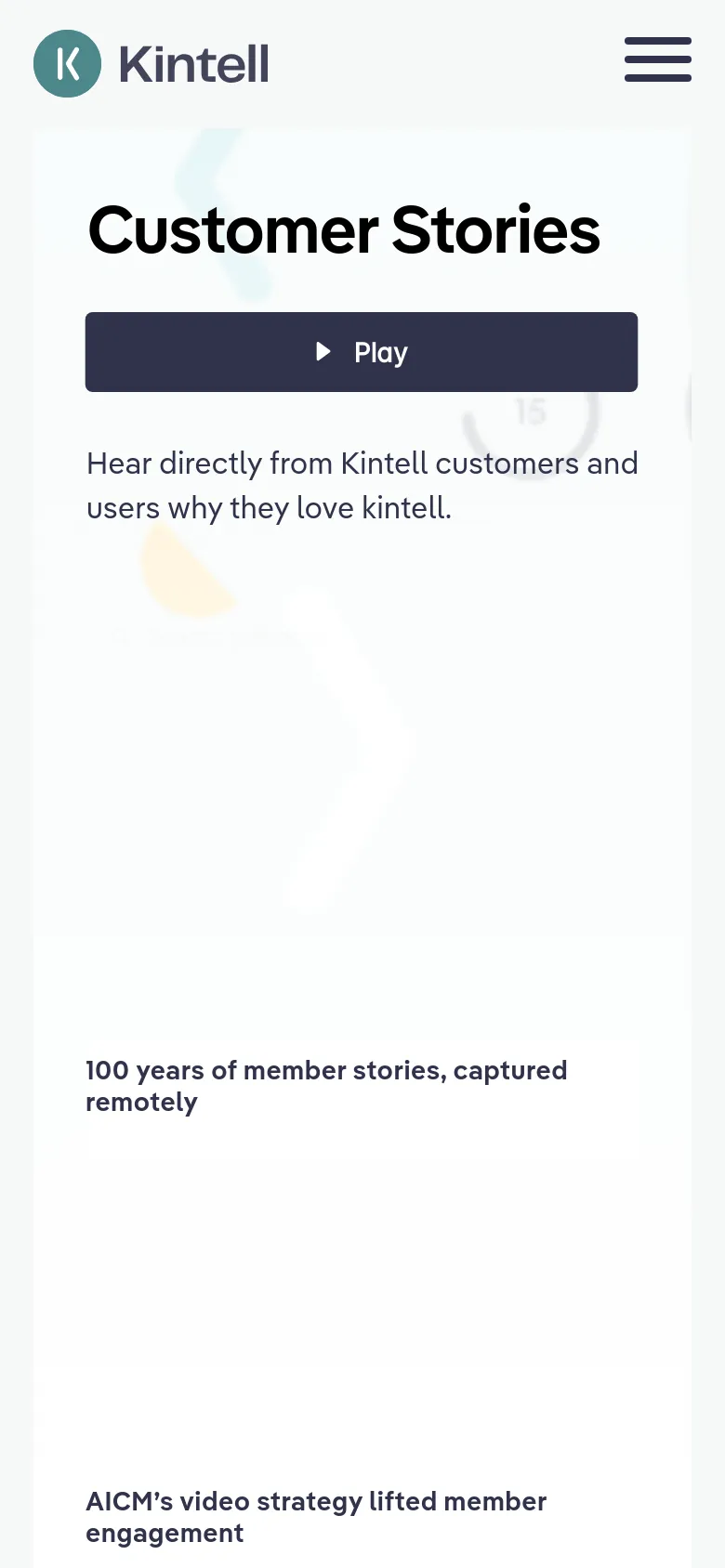 The mobile version presents a vertically stacked layout with the 'Customer Stories' headline and 'Play' button centered at the top. The video testimonial cards are arranged in a single column, making the thumbnails and titles larger for easier scrolling on a small screen. The navigation bar is replaced by a hamburger menu icon.