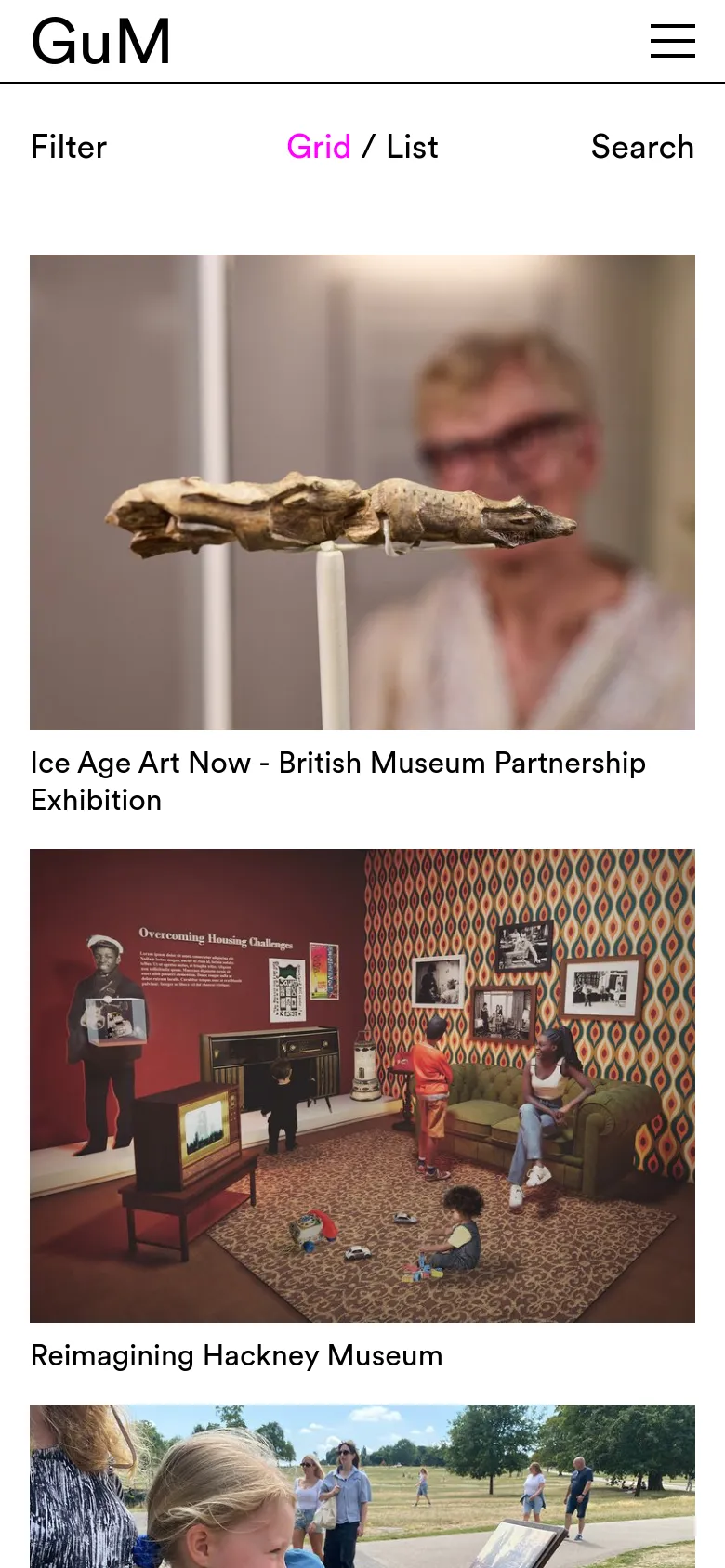 The mobile version maintains the minimalist aesthetic but transitions to a single-column vertical stack of large project images and headlines. The top navigation is condensed, featuring 'Filter', 'Grid / List', and 'Search' options, with a hamburger menu icon in the top right corner.