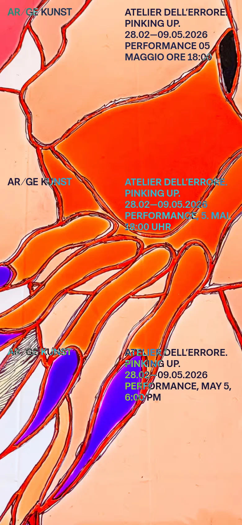 The mobile version maintains the same abstract orange and red background but uses a vertical layout. The text is stacked vertically, prioritizing the exhibition title and dates, with navigation links appearing in a simplified list format.