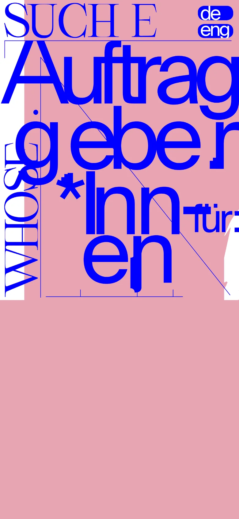 The mobile version presents a simplified, vertically stacked version of the desktop layout, focusing on the large, overlapping blue typography on a pink background. The complex split-screen color blocking is reduced to prioritize readability of the bold text elements, with the language toggle remaining at the top.