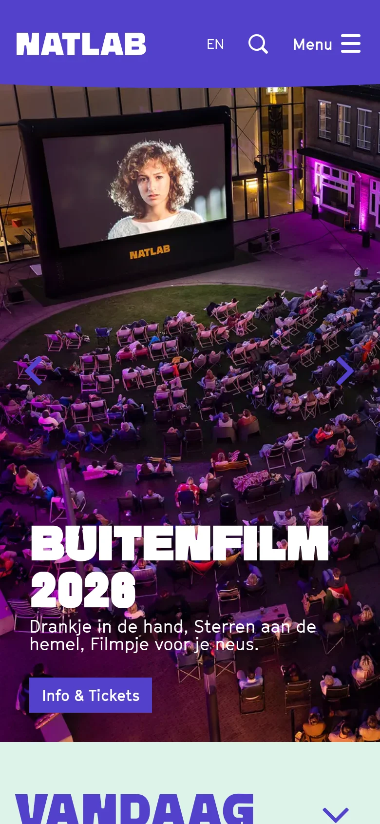 The mobile version displays a vertically oriented hero image of the outdoor cinema event with the 'BUITENFILM 2026' headline and 'Info & Tickets' button centered. The navigation bar is simplified at the top with the Natlab logo, language selector, search icon, and a hamburger menu icon.
