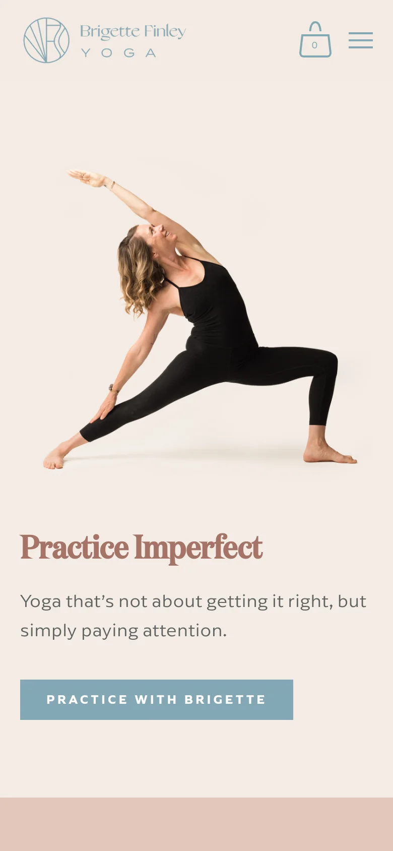 The mobile version uses a single-column vertical layout on a cream background. The yoga pose image is centered at the top, followed by the 'Practice Imperfect' headline, descriptive text, and a full-width blue call-to-action button. The header is condensed, featuring the logo on the left and a hamburger menu icon with a shopping bag icon on the right.