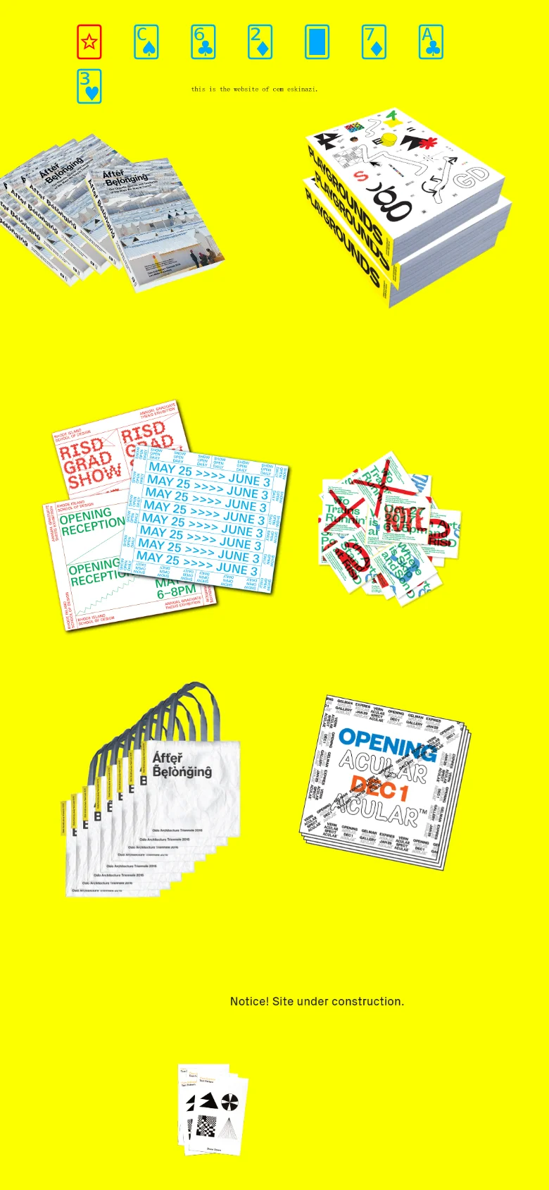 The mobile version maintains the bright yellow background and centered playing card icons at the top. The design project images are rearranged into a vertical, single-column scroll, appearing as larger, individual clusters of booklets and posters compared to the desktop layout.