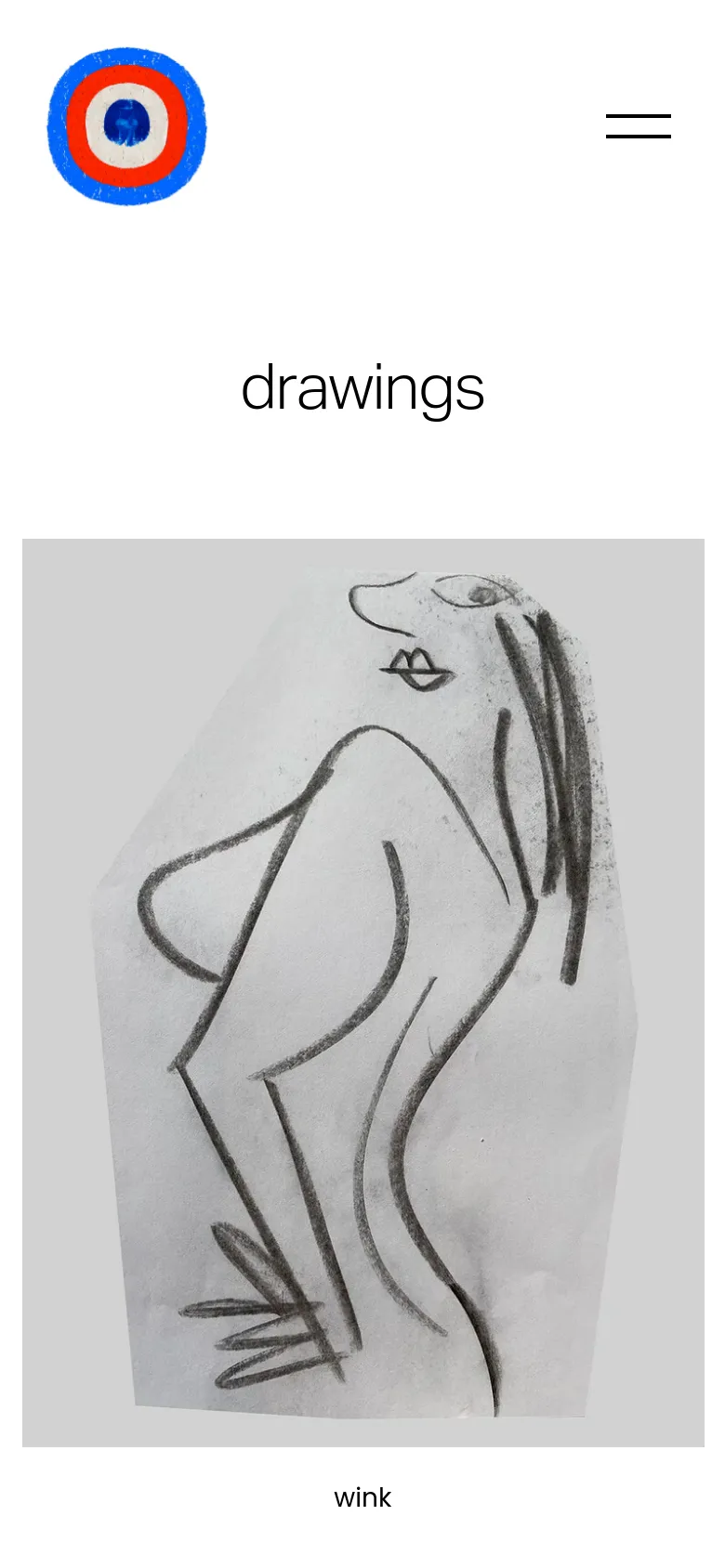 The mobile version simplifies the layout, featuring the target logo and a hamburger menu icon at the top. The 'drawings' headline is centered above a single-column vertical scroll of large figure drawing images, such as 'wink', which takes up most of the screen width.