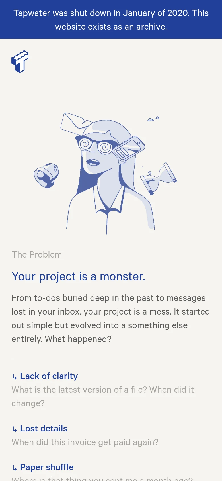 The mobile version maintains the minimalist white and blue aesthetic but uses a single-column layout optimized for vertical scrolling. The large hero illustration is centered above the text, and the descriptive sections are stacked vertically to ensure readability on a narrow screen.