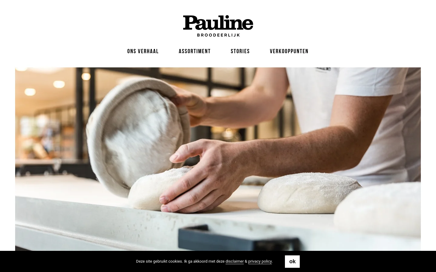 The desktop homepage features a clean, minimalist layout with a white background and black serif typography. A large hero image shows a baker's hands working with dough on a floured surface, followed by a bright yellow section with the headline 'Pauline? Quoi?' and a call to action to discover their story. Navigation links for 'Ons Verhaal', 'Assortiment', 'Stories', and 'Verkooppunten' are centered at the top.