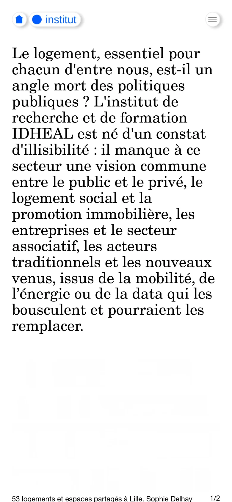 The mobile version uses a single-column vertical layout optimized for small screens. The large introductory text dominates the view, followed by a condensed version of the ambitions and studies lists. The navigation is simplified to a top bar with a logo and a hamburger menu icon.