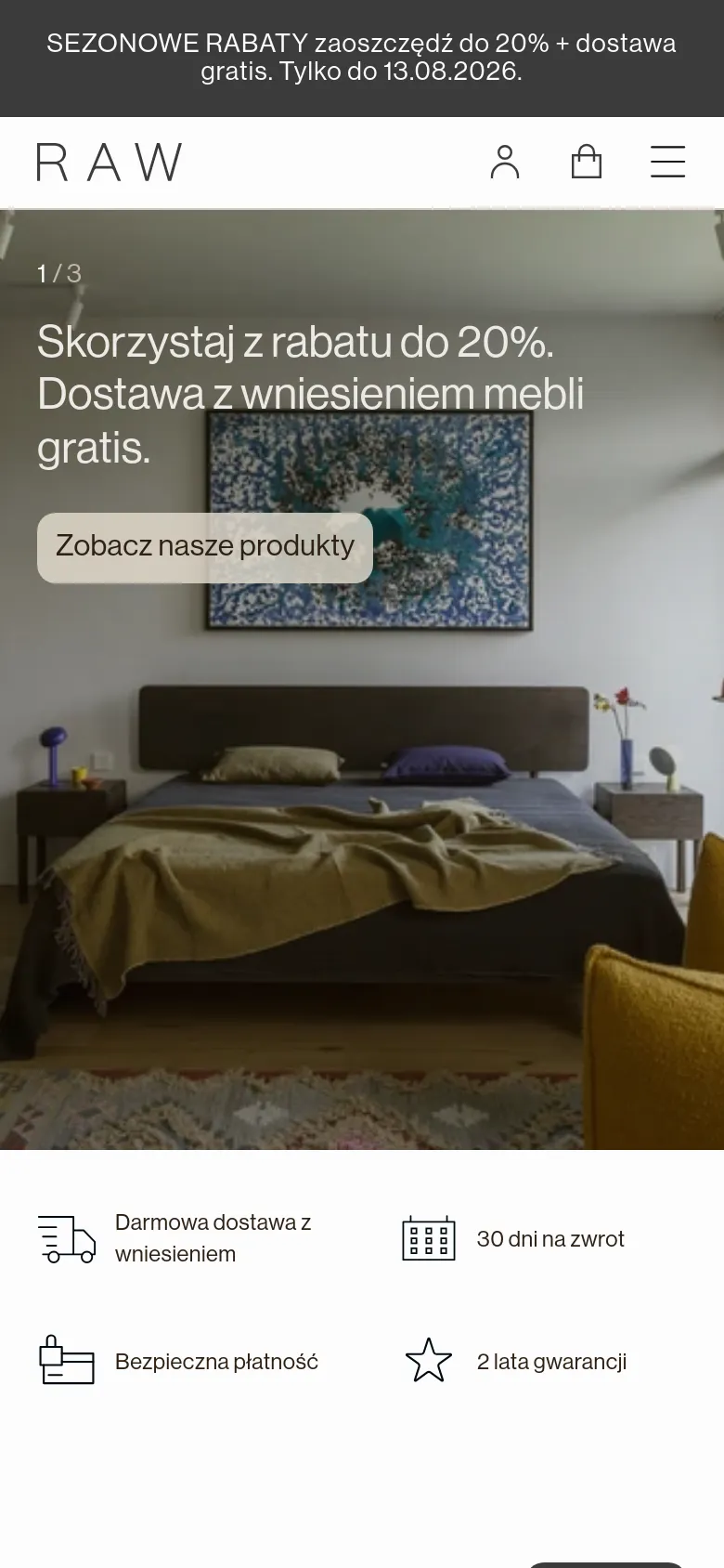 The mobile version presents a condensed layout with a hamburger menu, user profile, and shopping bag icons in the header. The hero image and promotional text are centered and scaled for a vertical screen, followed by a grid of service icons that are stacked or rearranged for easier scrolling on a smaller display.