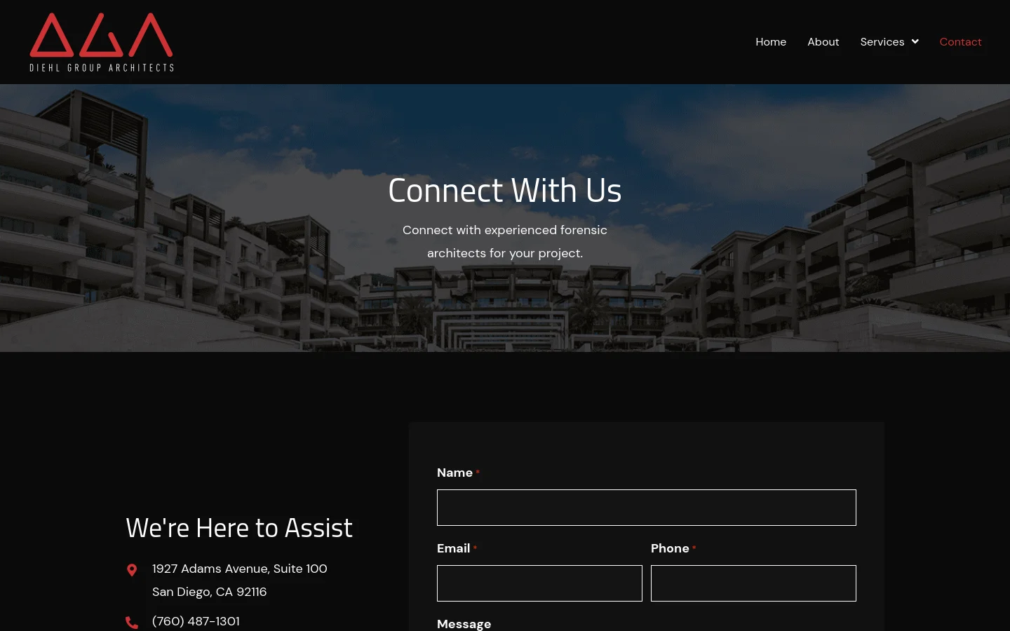 The desktop contact page features a dark theme with a large hero image of a modern multi-story building under a blue sky. The layout includes a navigation bar at the top, a 'Connect With Us' headline, and a two-column section below containing contact details on the left and a contact form on the right.