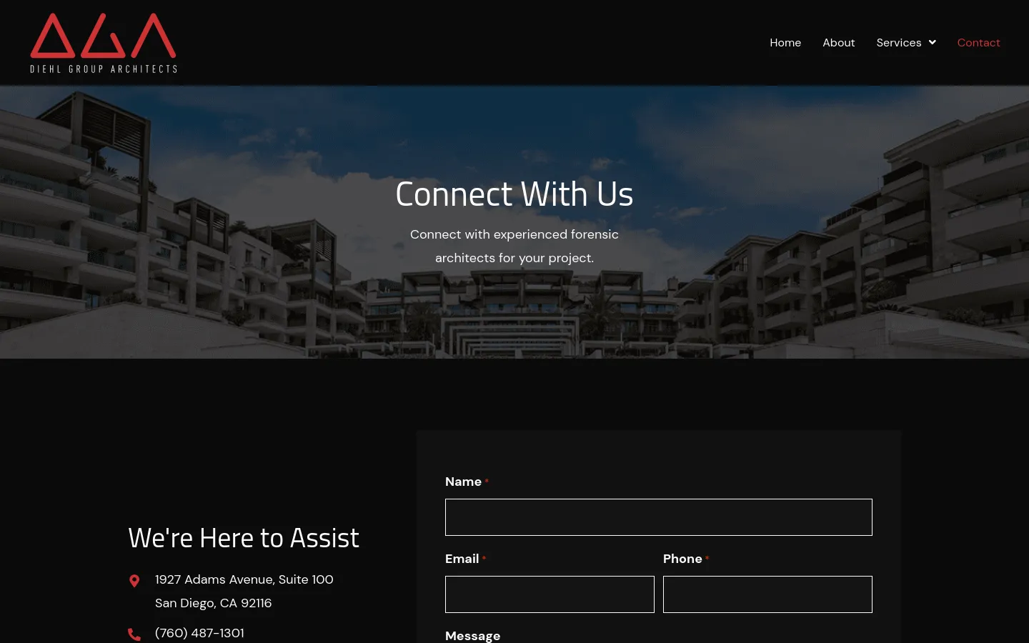 The desktop contact page features a dark theme with a large hero image of a modern multi-story building under a blue sky. The layout includes a navigation bar at the top, a 'Connect With Us' headline, and a two-column section below containing contact details on the left and a contact form on the right.
