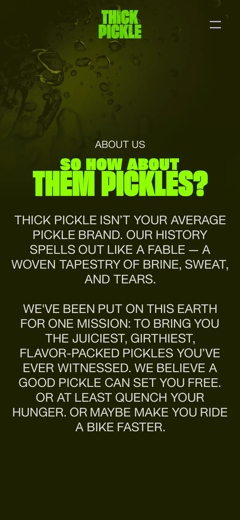 The mobile version maintains the dark olive green background and lime green branding but uses a simplified layout. The navigation is condensed into a hamburger menu icon on the right, while the lime green logo and large headline are stacked vertically above the white body text.
