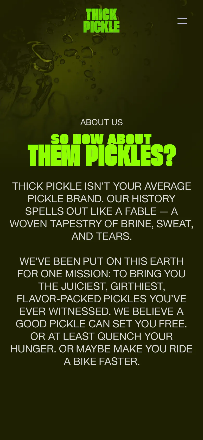 The mobile version maintains the dark olive green background and lime green branding but uses a simplified layout. The navigation is condensed into a hamburger menu icon on the right, while the lime green logo and large headline are stacked vertically above the white body text.