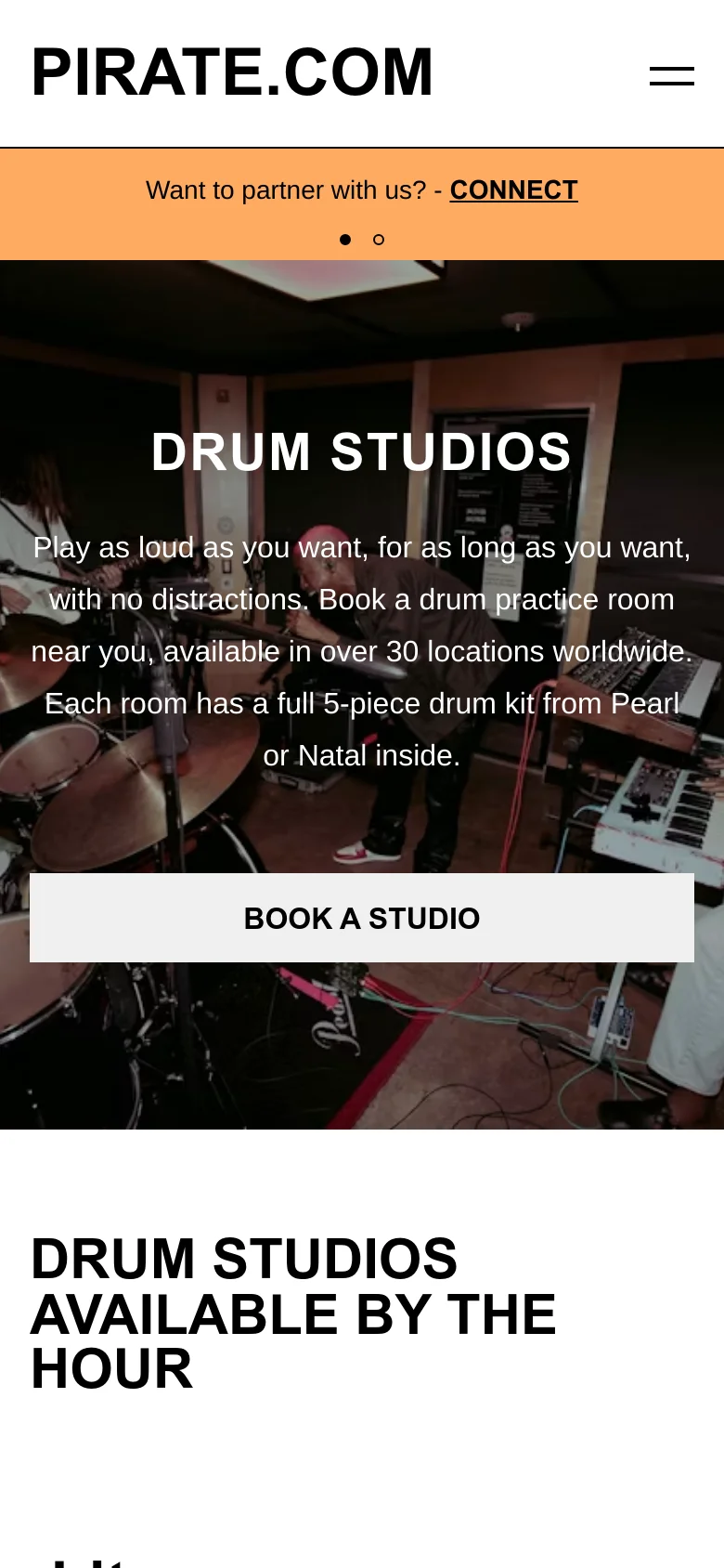 The mobile version uses a vertical layout with a centered hero section featuring the 'DRUM STUDIOS' headline and a large 'BOOK A STUDIO' button over a studio background image. A hamburger menu icon is visible in the top right, and an orange announcement banner sits below the header.