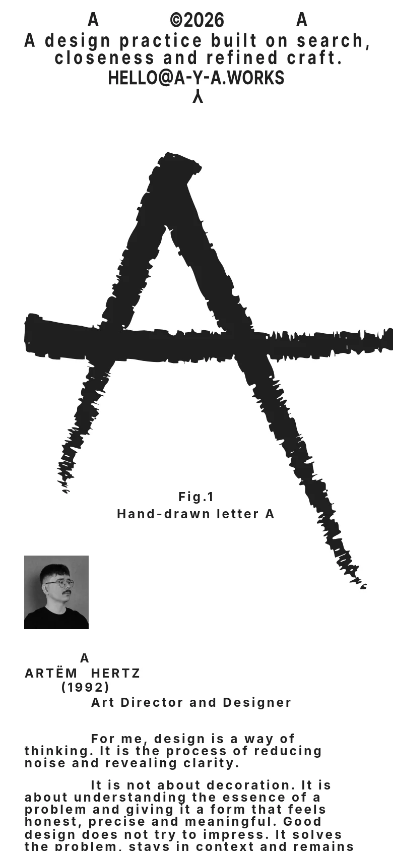 The mobile version maintains the minimalist black-and-white aesthetic but stacks the content vertically for a single-column scroll. The large hand-drawn letter 'A' remains a dominant visual, while text blocks and artist profiles are reorganized to fit the narrower screen width.