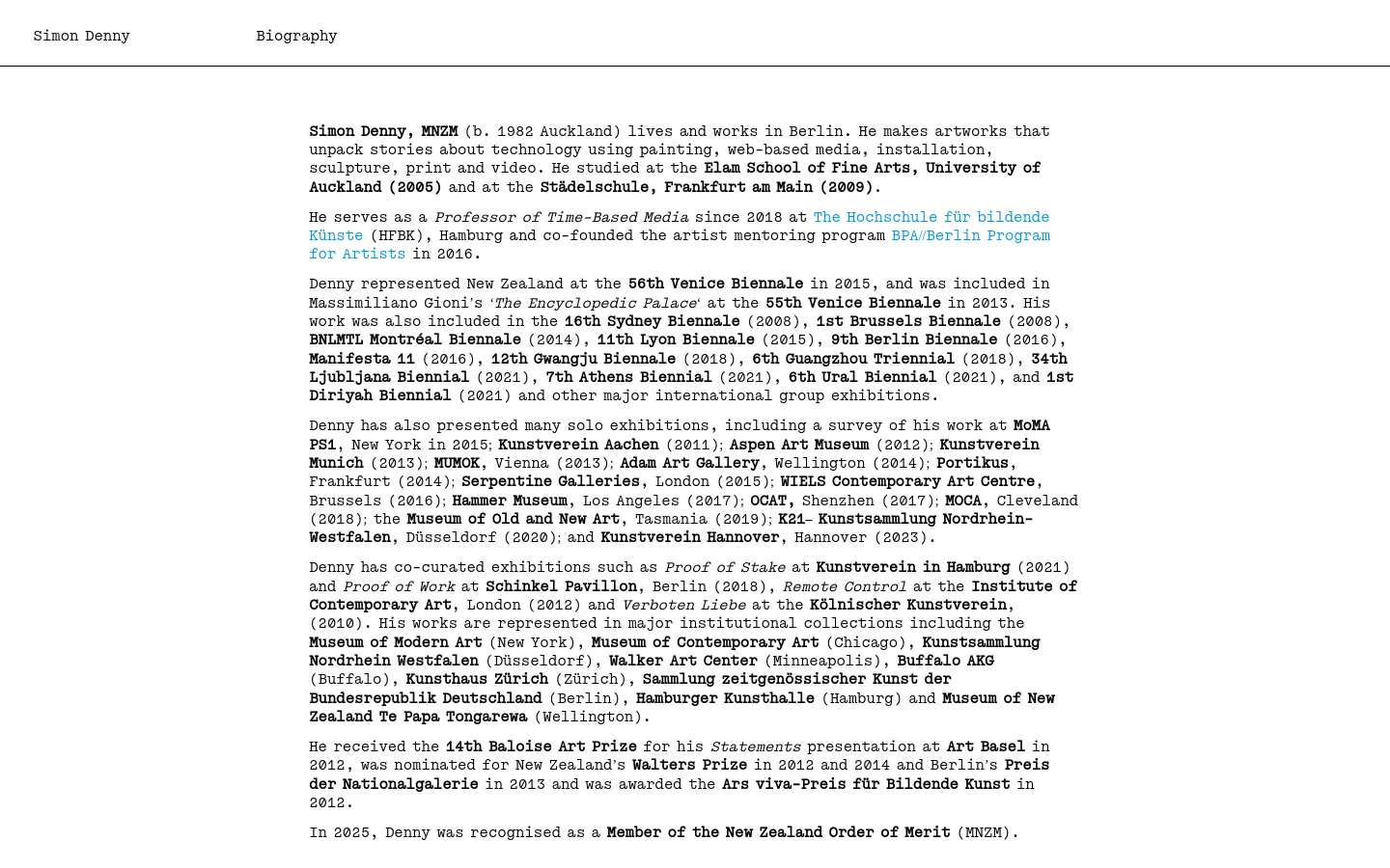 The desktop version of the Biography page features a minimalist design with a white background and black serif text. A navigation bar at the top contains the name 'Simon Denny' on the left and 'Biography' on the right, while the main content consists of several paragraphs of biographical text with various bolded terms and hyperlinks.