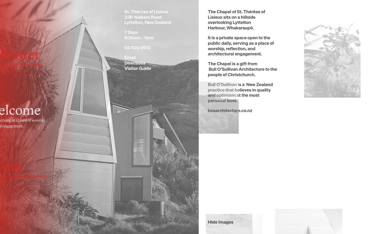 The desktop page features a large, atmospheric grayscale hero image of the chapel building on a hillside, overlaid with red-tinted text on the left. The layout uses a clean, minimalist design with white text providing the address, visiting hours, and contact links, alongside a visitor guide section on the right.