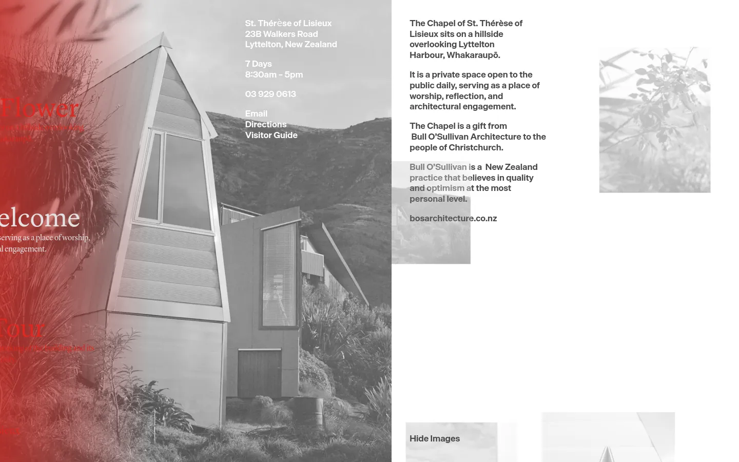 The desktop page features a large, atmospheric grayscale hero image of the chapel building on a hillside, overlaid with red-tinted text on the left. The layout uses a clean, minimalist design with white text providing the address, visiting hours, and contact links, alongside a visitor guide section on the right.