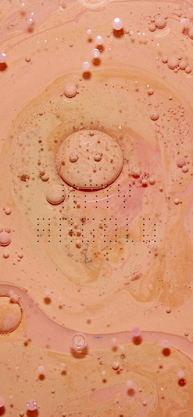 The mobile version maintains the peach-colored liquid texture hero image with the pixelated 'AMY ANGOLD' title. The layout is vertically oriented, and the top navigation links are condensed to accommodate the smaller screen width.