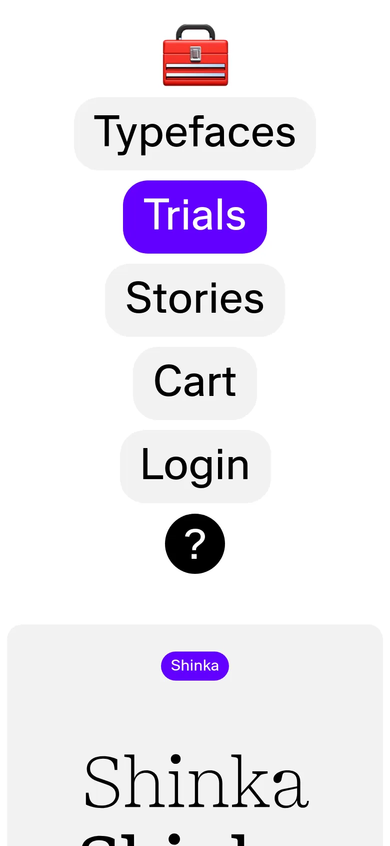 The mobile version presents a vertically stacked layout where the navigation menu buttons are larger and centered for easy tapping. The typeface specimen cards below are scaled to fit the width of the screen, maintaining the clean aesthetic with large typography and purple labels.