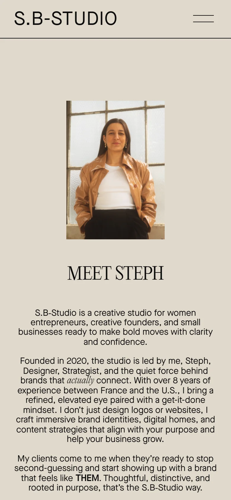 The mobile version maintains the beige and black color scheme but uses a simplified layout with a hamburger menu icon in the top right. The portrait of Steph is prominently centered, followed by the 'MEET STEPH' headline and body text stacked vertically for easier scrolling on a smaller screen.