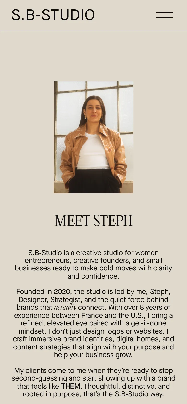 The mobile version maintains the beige and black color scheme but uses a simplified layout with a hamburger menu icon in the top right. The portrait of Steph is prominently centered, followed by the 'MEET STEPH' headline and body text stacked vertically for easier scrolling on a smaller screen.