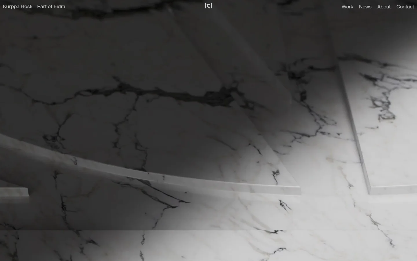 The Kurppa Hosk homepage features a minimalist design with a dark, textured marble hero image. The layout includes a clean navigation bar at the top and a large headline stating 'We are Kurppa Hosk' followed by the mission 'Making brands accelerate meaningful change.' Below, a featured project for Bungie is displayed with a 'View brand' call to action and a grid of project imagery.