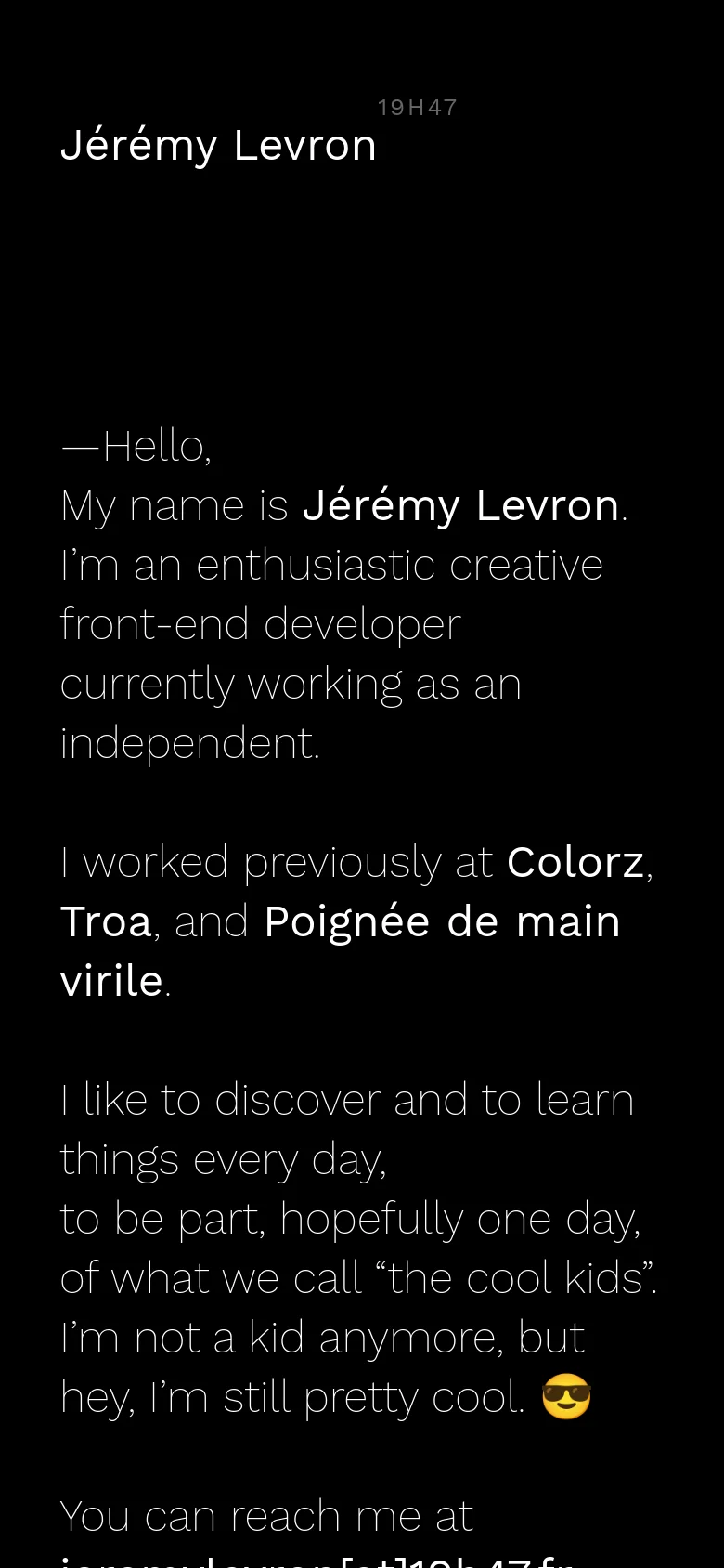 The mobile version maintains the dark theme and white text but uses a vertical, single-column layout. The header is simplified, and the text is scaled for readability on a smaller screen, focusing on the biographical content and contact details.