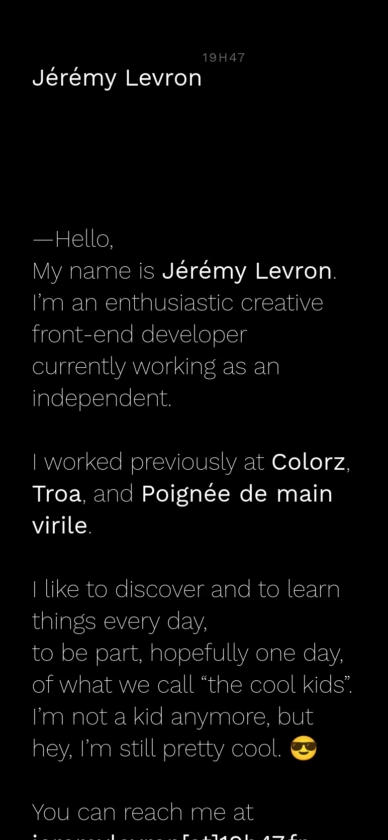The mobile version maintains the dark theme and white text but uses a vertical, single-column layout. The header is simplified, and the text is scaled for readability on a smaller screen, focusing on the biographical content and contact details.