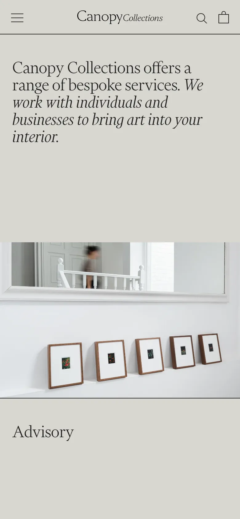 The mobile version maintains the beige color palette and serif typography but uses a condensed layout. The header is simplified with a hamburger menu icon on the left, the Canopy Collections logo centered, and search and cart icons on the right. The hero text and blurred interior image are stacked vertically to fit the narrower screen width.