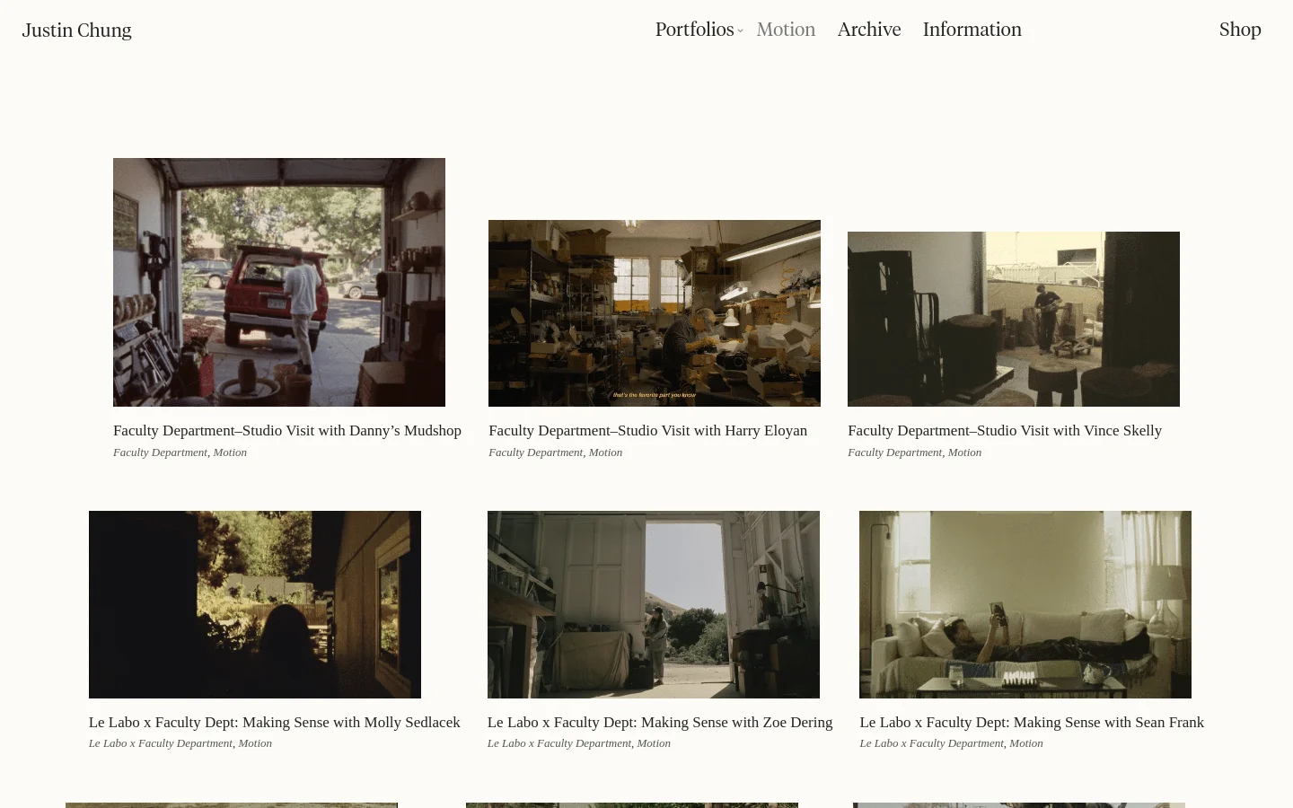 The desktop website features a minimalist white layout with a top navigation bar containing the name 'Justin Chung' and links for Portfolios, Motion, Archive, Information, and Shop. Below the navigation, a grid of cinematic, warm-toned photography projects is displayed, each with a thumbnail image and a title such as 'Faculty Department—Studio Visit with Danny’s Mudshop'.