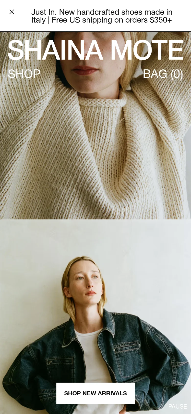 The mobile version presents a vertically stacked layout with the hero image occupying the top half of the screen. The brand name, 'SHOP' link, and 'BAG (0)' link are prominently displayed over the image, followed by a second hero image of a person in a denim jacket. The 'SHOP NEW ARRIVALS' button is centered over the second image, and the announcement bar remains at the top.