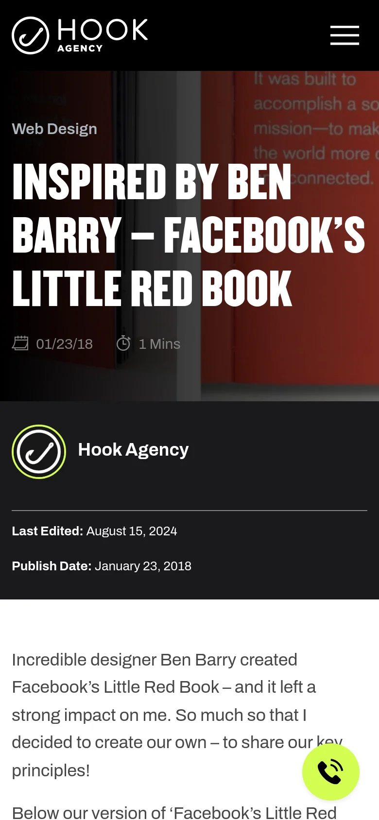 The mobile version displays a simplified layout with a black header containing the Hook Agency logo and a hamburger menu icon. The hero section features the same large white headline over a red book background, but the text is stacked vertically. A lime green floating action button with a phone icon is positioned in the bottom right corner.