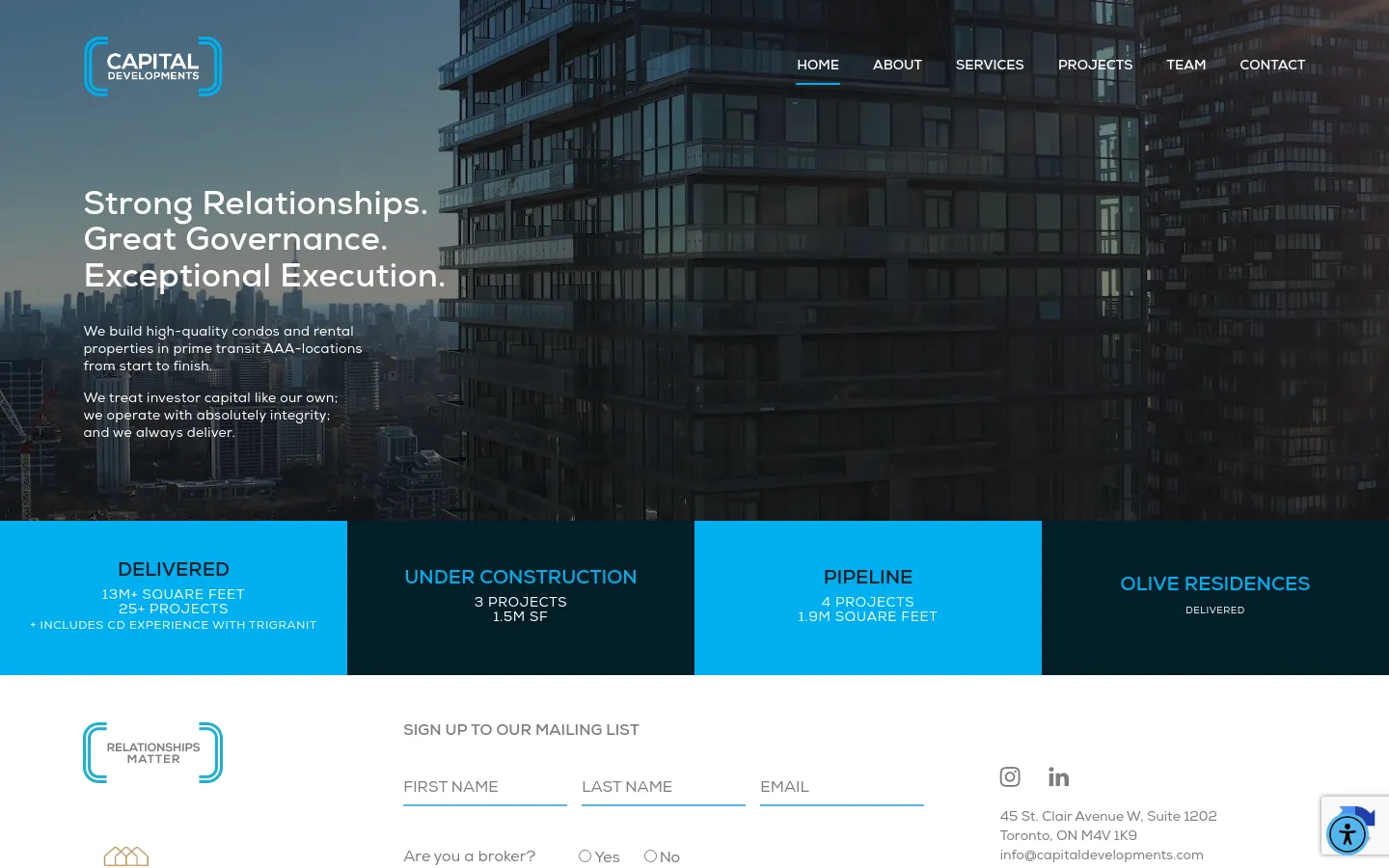 The desktop homepage features a large hero image of a modern glass building under a dark sky. A prominent headline reads 'Strong Relationships. Great Governance. Exceptional Execution.' with a brief mission statement below it. A navigation menu is at the top right, and a three-column statistics section with bright blue and dark navy backgrounds follows the hero section.