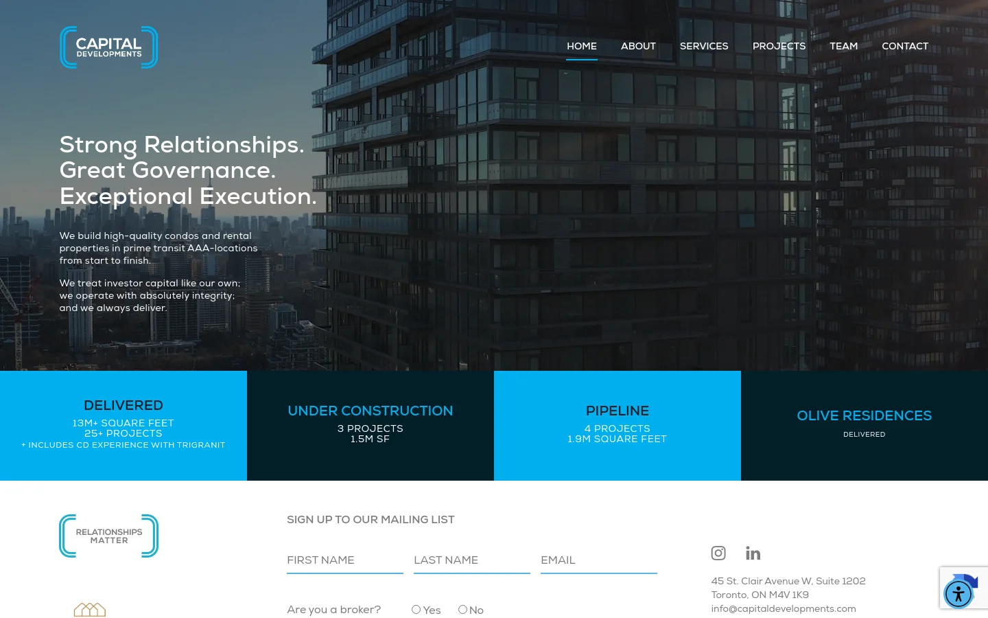 The desktop homepage features a large hero image of a modern glass building under a dark sky. A prominent headline reads 'Strong Relationships. Great Governance. Exceptional Execution.' with a brief mission statement below it. A navigation menu is at the top right, and a three-column statistics section with bright blue and dark navy backgrounds follows the hero section.