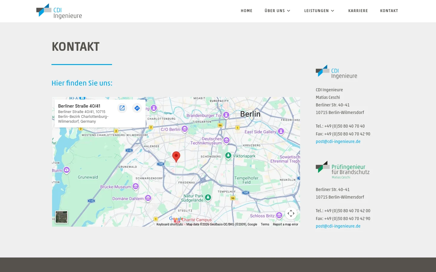 The desktop contact page features a clean white background with a header containing the CDI Ingenieure logo and navigation menu. A large 'KONTAKT' heading is followed by a section titled 'Hier finden Sie uns:' which displays an embedded Google Map of Berlin on the left and two columns of contact information on the right, including addresses, phone numbers, and email links.