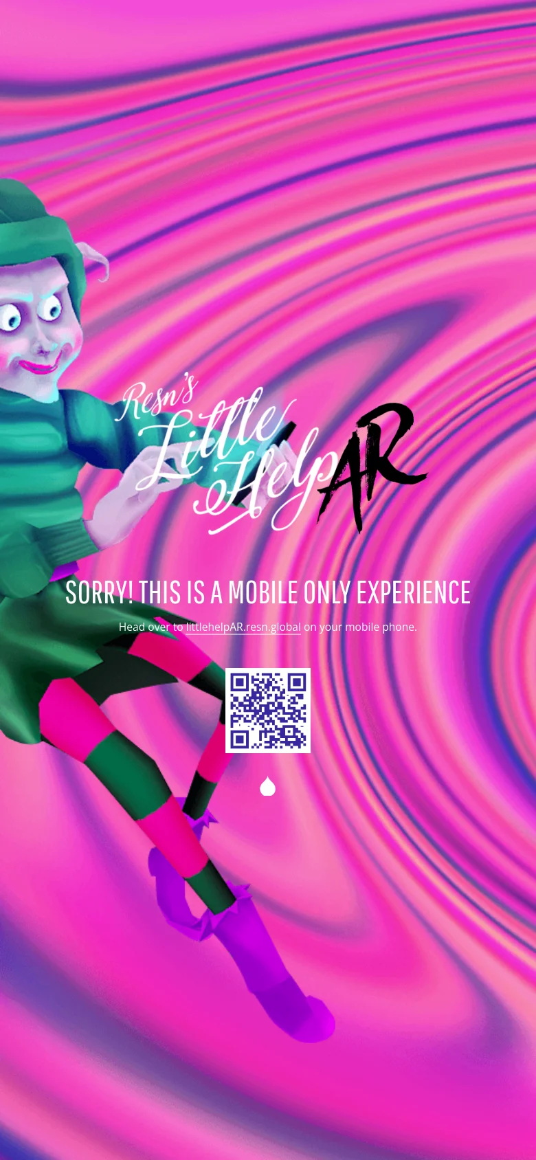 The mobile version displays a vertical orientation of the same psychedelic pink and purple swirl background. The 3D elf character and stylized white branding are repositioned to fit the narrow aspect ratio, maintaining the central message and QR code.