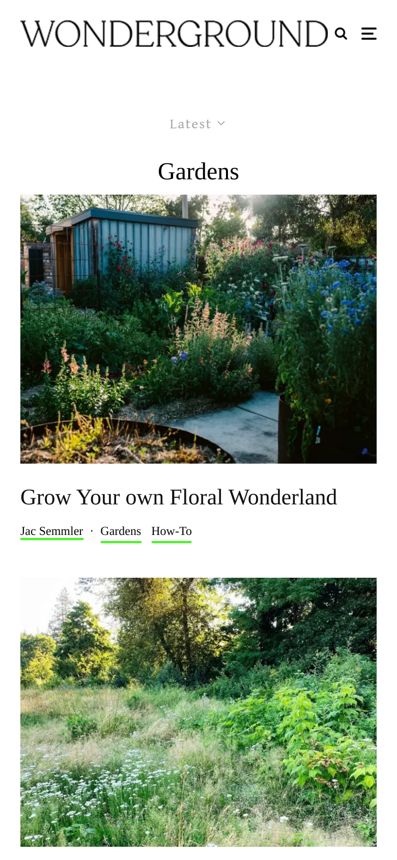 The mobile version presents a single-column vertical scroll of the garden articles, prioritizing large, full-width imagery. The top navigation is condensed into a hamburger menu icon next to the Wonderground logo, and the 'Latest' filter dropdown is centered above the content.