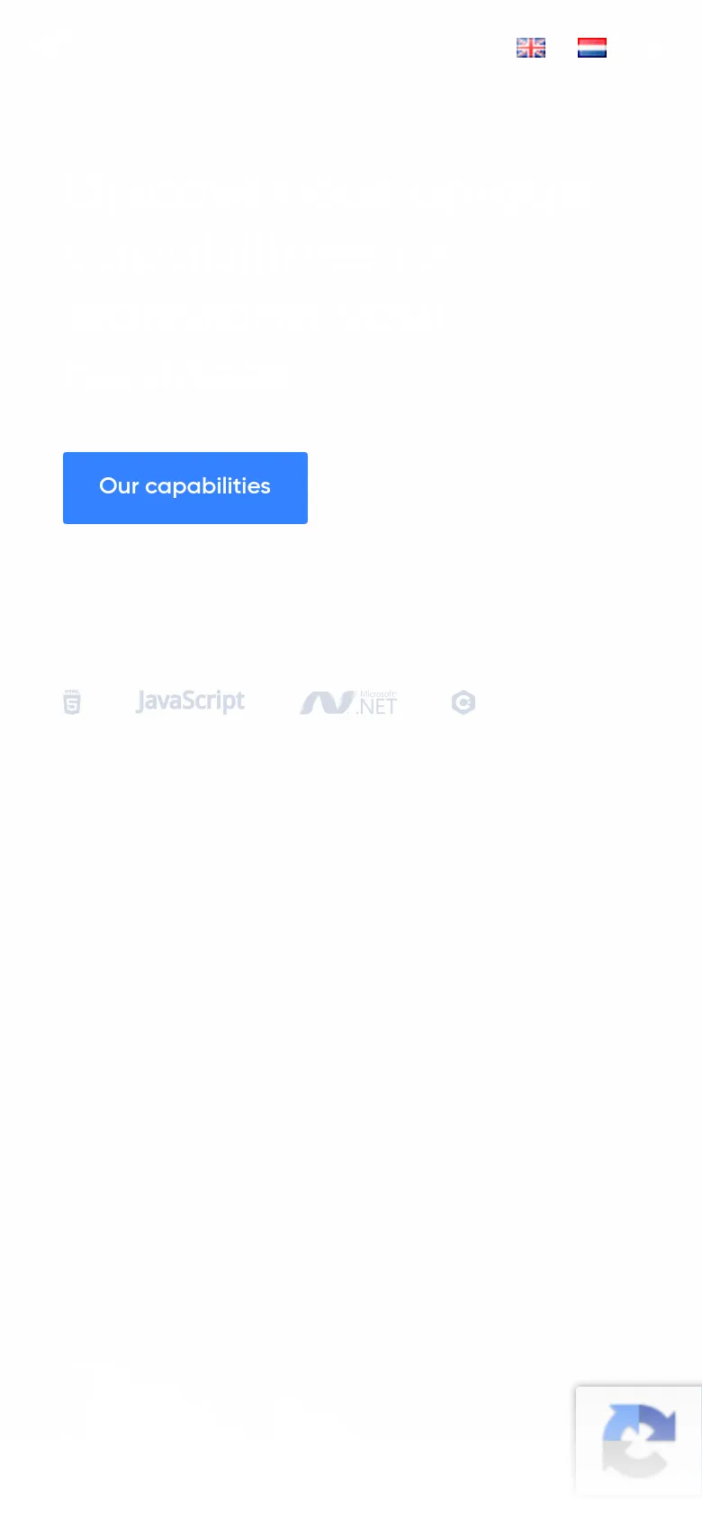 The mobile version presents a simplified, vertically stacked layout of the homepage. The hero text and 'Our capabilities' blue button are centered, and the technology logos are arranged in a single row below. The navigation is condensed, focusing on the primary content and the language selection icons at the top.