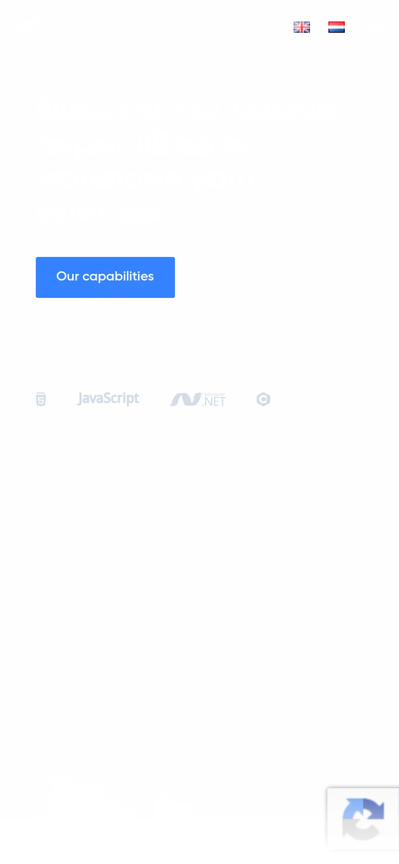 The mobile version presents a simplified, vertically stacked layout of the homepage. The hero text and 'Our capabilities' blue button are centered, and the technology logos are arranged in a single row below. The navigation is condensed, focusing on the primary content and the language selection icons at the top.